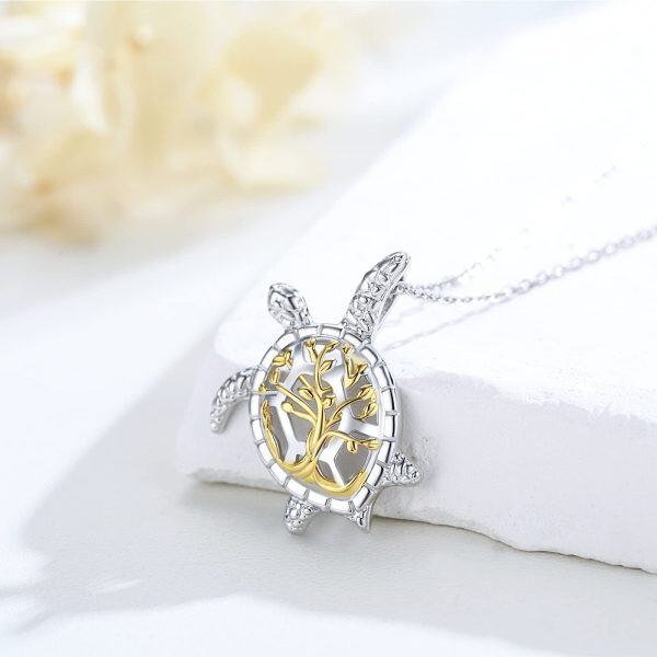 Sterling Silver Rhodium And Gold Plated Turtle Tree Of Life Pendant Necklace-3