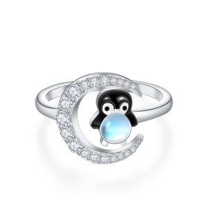 Sterling Silver Moonstone Rhodium Plated Penguin Rings-0