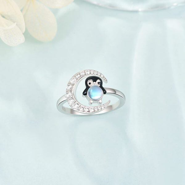 Sterling Silver Moonstone Rhodium Plated Penguin Rings-1