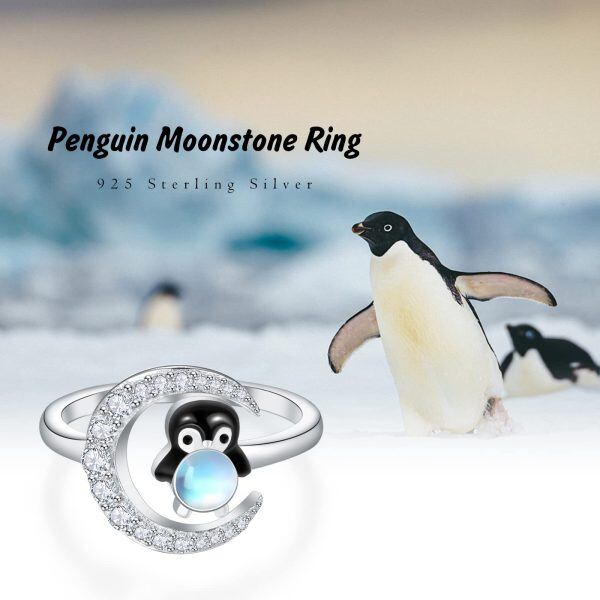 Sterling Silver Moonstone Rhodium Plated Penguin Rings-6