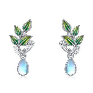 Sterling Silver Moonstone Rhodium Plated Leaf Stud Earrings-0