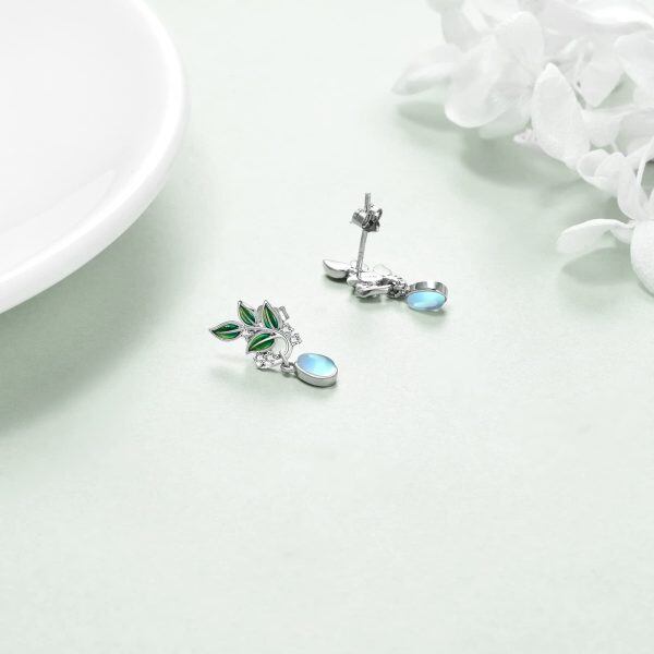 Sterling Silver Moonstone Rhodium Plated Leaf Stud Earrings-3