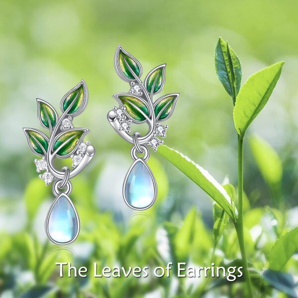 Sterling Silver Moonstone Rhodium Plated Leaf Stud Earrings-5