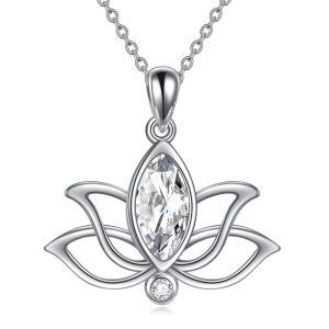 Sterling Silver Zircon Rhodium Plated Lotus Necklace-0