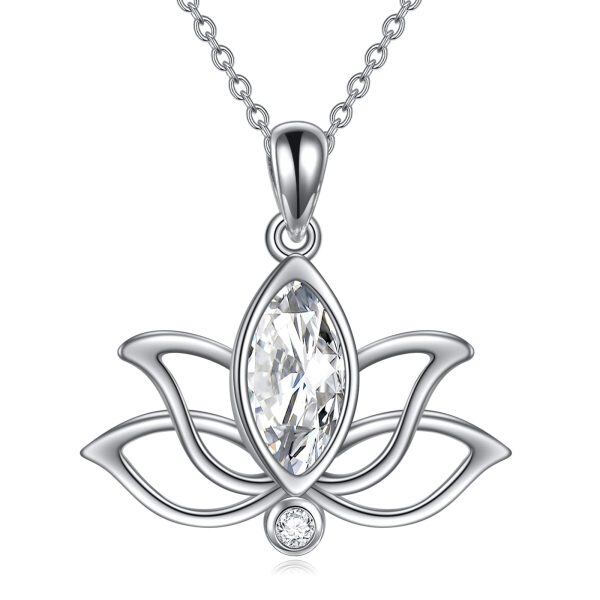 Sterling Silver Zircon Rhodium Plated Lotus Necklace-0