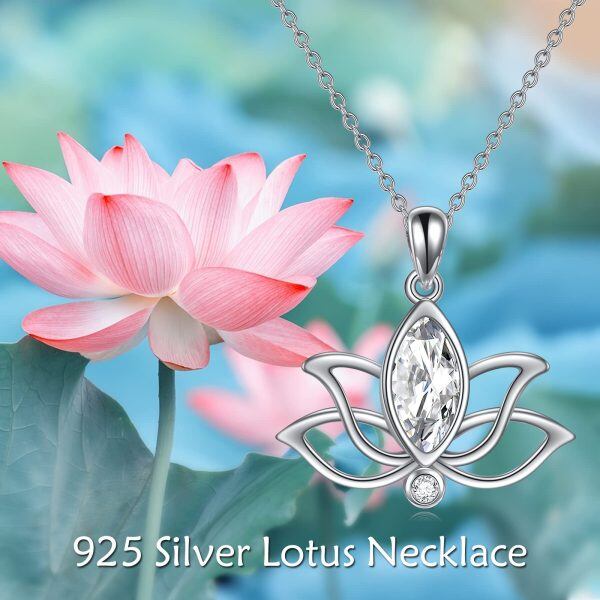 Sterling Silver Zircon Rhodium Plated Lotus Necklace-5