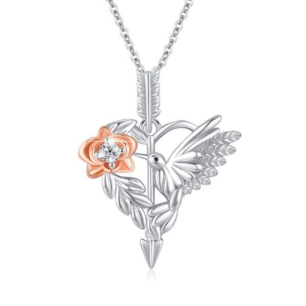 Sterling Silver Zircon Rhodium And Rose Gold Plated Peak Bird Daisy Necklace-0