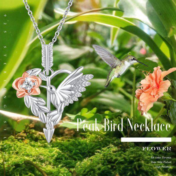 Sterling Silver Zircon Rhodium And Rose Gold Plated Peak Bird Daisy Necklace-1