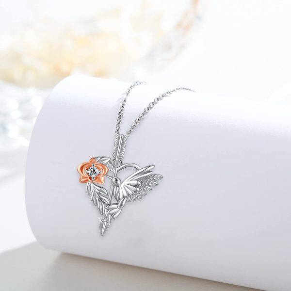 Sterling Silver Zircon Rhodium And Rose Gold Plated Peak Bird Daisy Necklace-3