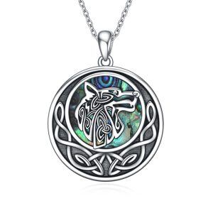 Sterling Silver Abalone Shell Rhodium Plated Wolf Necklace-0