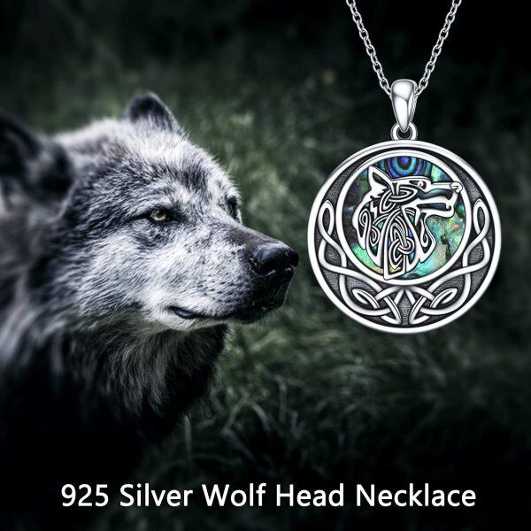 Sterling Silver Abalone Shell Rhodium Plated Wolf Necklace-5