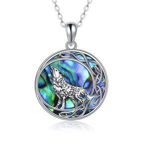 Sterling Silver Abalone Shell Oxidized Moon Wolf Necklace-0