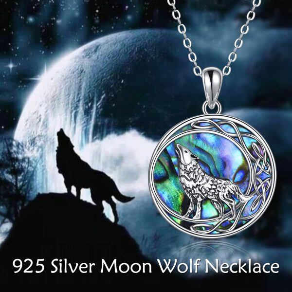 Sterling Silver Abalone Shell Oxidized Moon Wolf Necklace-4