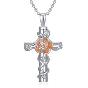 Sterling Silver Rhodium And Rose Gold Plated Rose Cross Urn Necklace-0