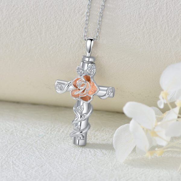 Sterling Silver Rhodium And Rose Gold Plated Rose Cross Urn Necklace-4