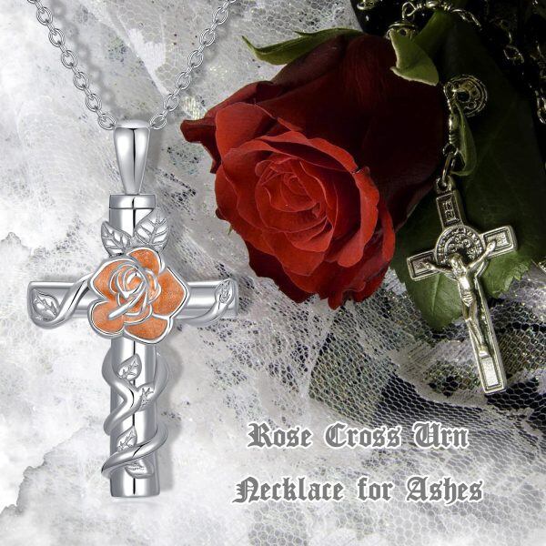 Sterling Silver Rhodium And Rose Gold Plated Rose Cross Urn Necklace-5