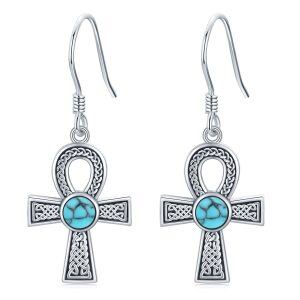 Sterling Silver Turquoise Oxidized Ankh Cross Earrings-0