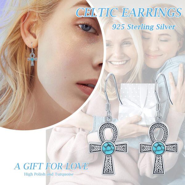 Sterling Silver Turquoise Oxidized Ankh Cross Earrings-3