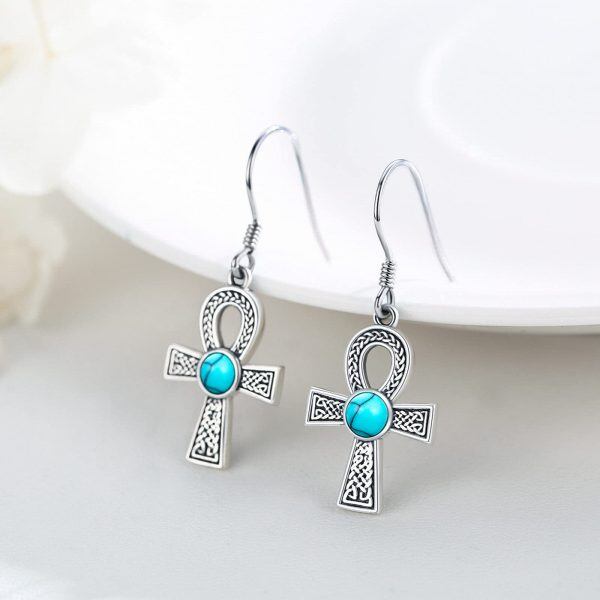 Sterling Silver Turquoise Oxidized Ankh Cross Earrings-4