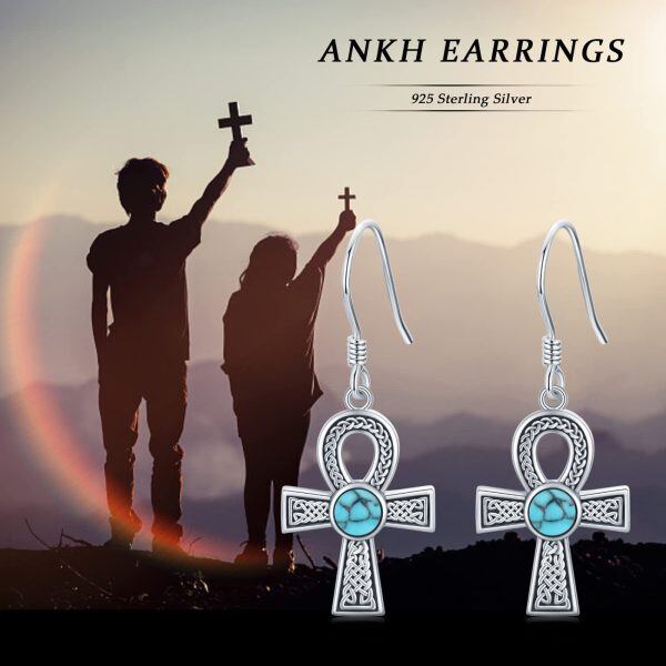 Sterling Silver Turquoise Oxidized Ankh Cross Earrings-5