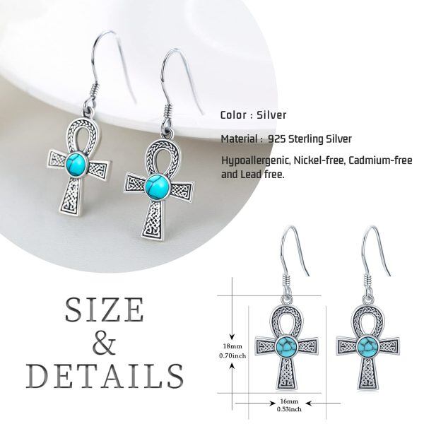 Sterling Silver Turquoise Oxidized Ankh Cross Earrings-6