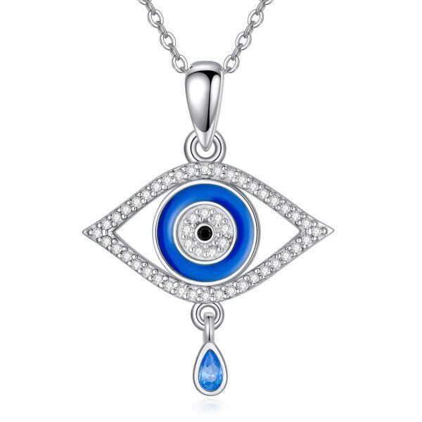 Sterling Silver Zircon Rhodium Plated Evil Eye Necklace-0