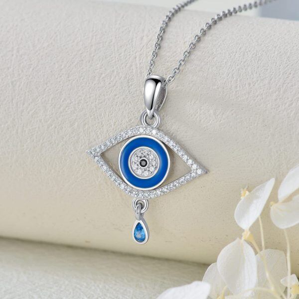 Sterling Silver Zircon Rhodium Plated Evil Eye Necklace-3