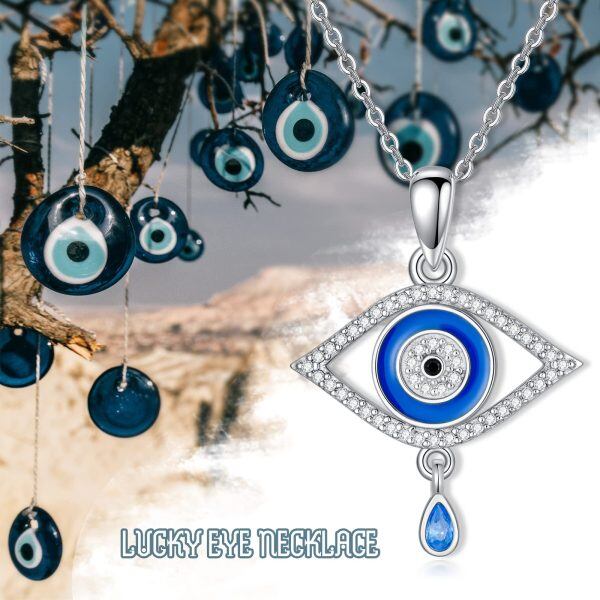 Sterling Silver Zircon Rhodium Plated Evil Eye Necklace-5