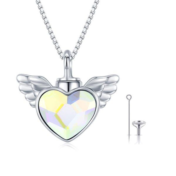 Sterling Silver Crystal Silver Plated Angel Wings Urn Pendant Necklace-0