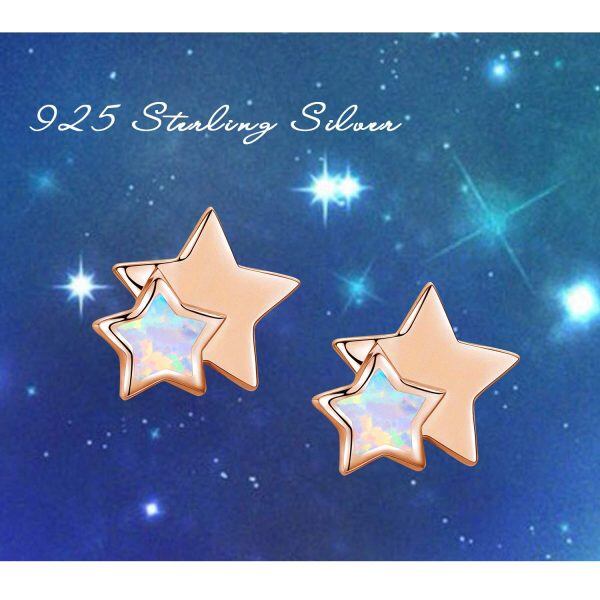 Sterling Silver Opal Rose Gold Palted Star Stud Earrings-1