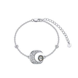 Sterling Silver 100 Languages and Zircon Silver Plated Crescent Half Moon Filigree Bracelet -0