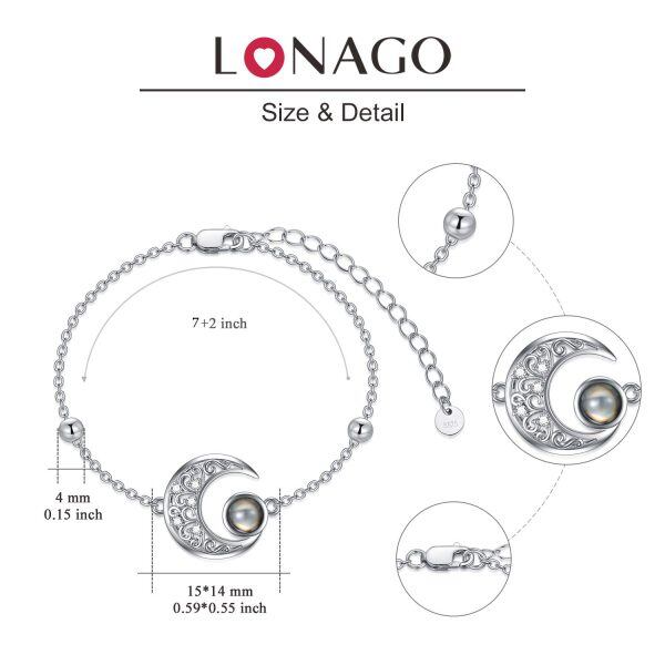 Sterling Silver 100 Languages and Zircon Silver Plated Crescent Half Moon Filigree Bracelet -5