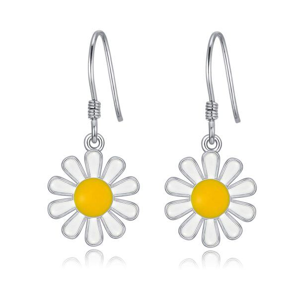 Sterling Silver Silver Plated Daisy Flower Dangle and Drop Earrings-0