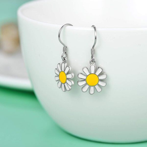 Sterling Silver Silver Plated Daisy Flower Dangle and Drop Earrings-5