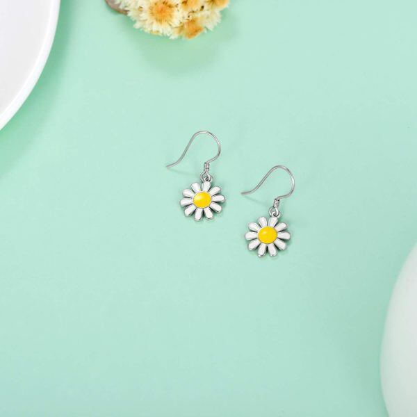 Sterling Silver Silver Plated Daisy Flower Dangle and Drop Earrings-6