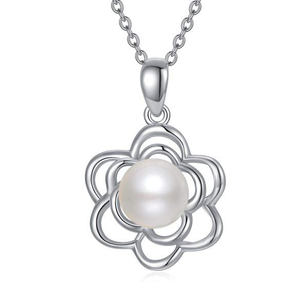 Sterling Silver Pearl Silver Plated Rose Pendant Necklace -0