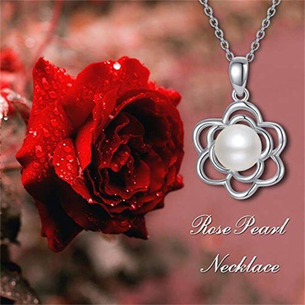 Sterling Silver Pearl Silver Plated Rose Pendant Necklace -3