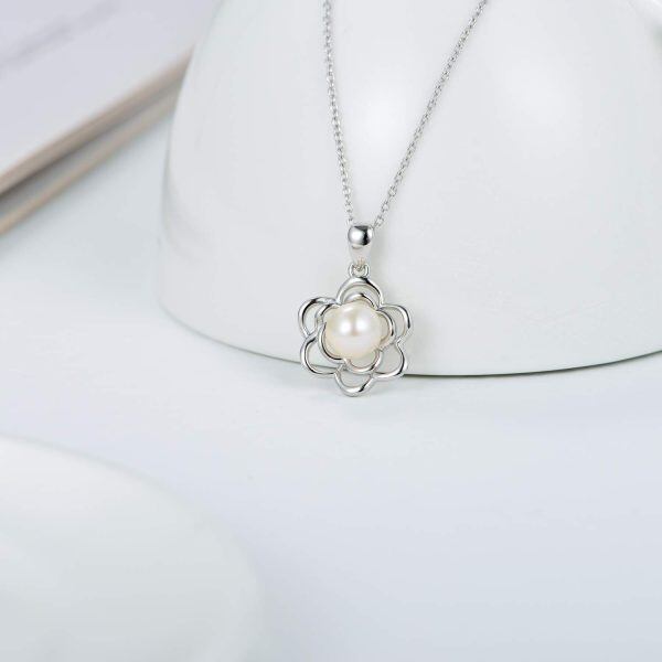 Sterling Silver Pearl Silver Plated Rose Pendant Necklace -5