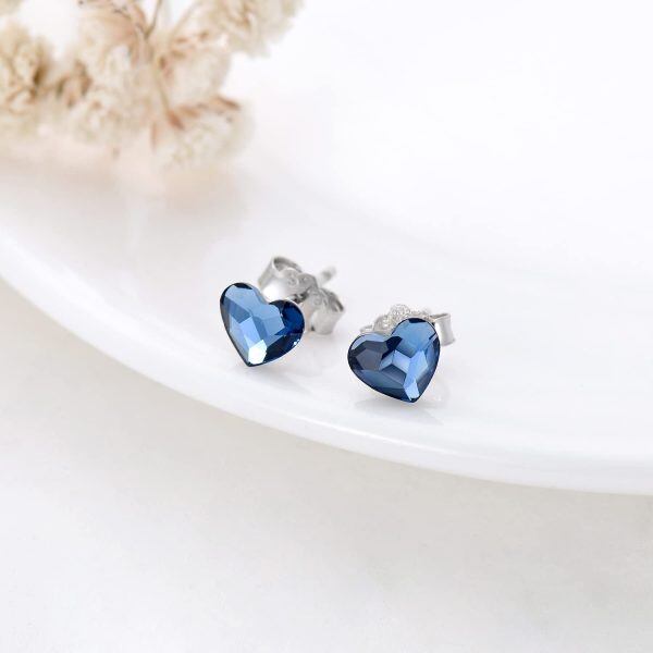 Sterling Silver Blue Crystal Heart Studs Earrings -1