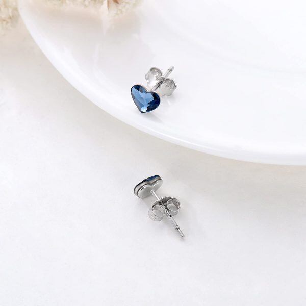 Sterling Silver Blue Crystal Heart Studs Earrings -2