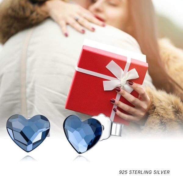 Sterling Silver Blue Crystal Heart Studs Earrings -5