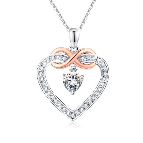 Sterling Silver Zircon Two Tone Color Love Heart Infinity Pendant Necklace-0