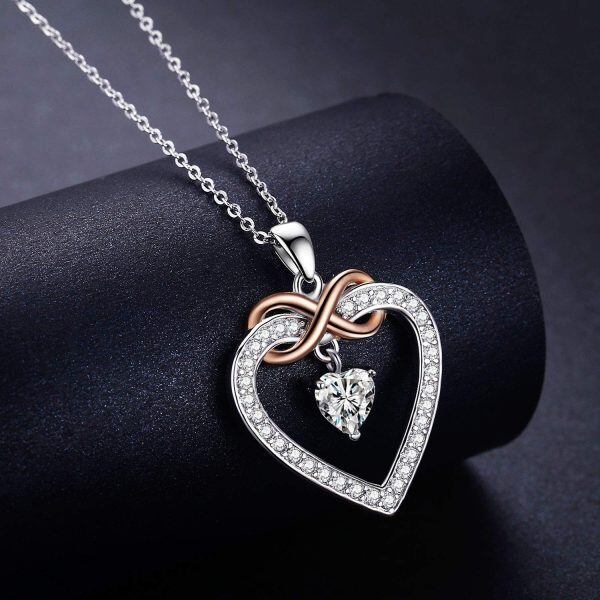 Sterling Silver Zircon Two Tone Color Love Heart Infinity Pendant Necklace-1