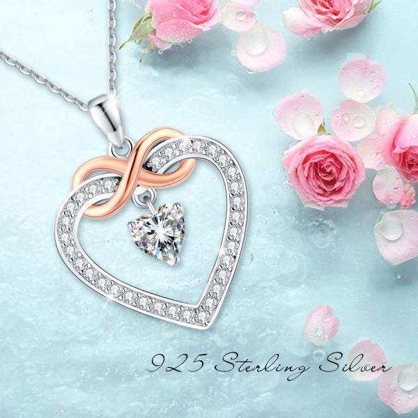 Sterling Silver Zircon Two Tone Color Love Heart Infinity Pendant Necklace-3