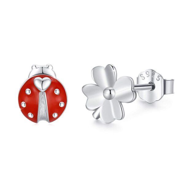 Sterling Silver Silver Plated Ladybug Lucky Clover Flower Stud Earrings-0