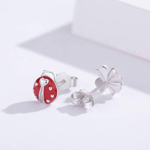 Sterling Silver Silver Plated Ladybug Lucky Clover Flower Stud Earrings-1