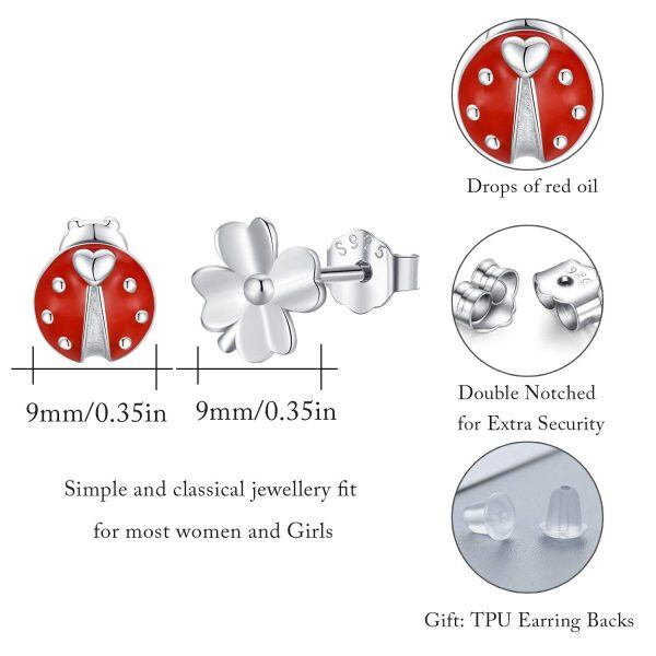 Sterling Silver Silver Plated Ladybug Lucky Clover Flower Stud Earrings-4