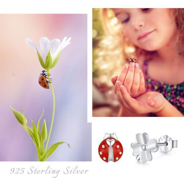 Sterling Silver Silver Plated Ladybug Lucky Clover Flower Stud Earrings-5