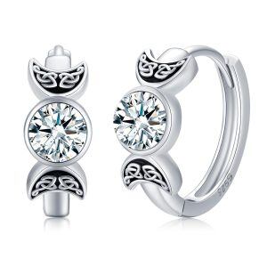 Sterling Silver Zircon Silver Plated Triple Moon Goddess Earrings-0