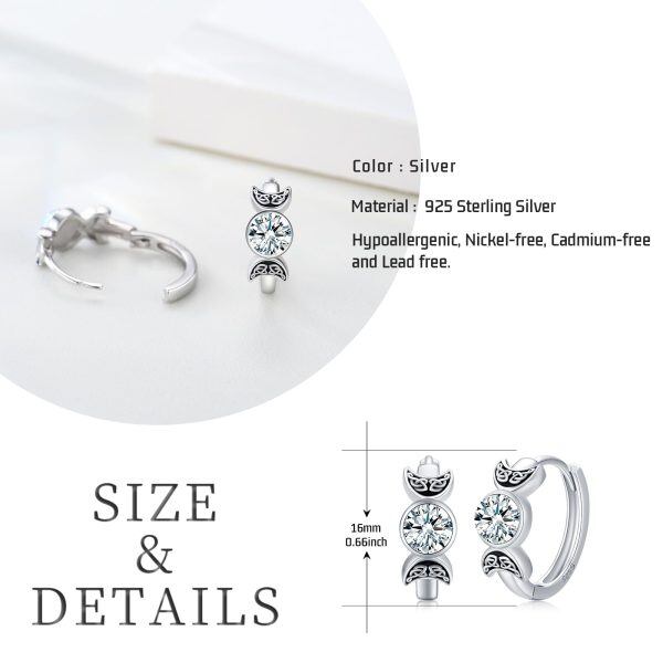 Sterling Silver Zircon Silver Plated Triple Moon Goddess Earrings-5